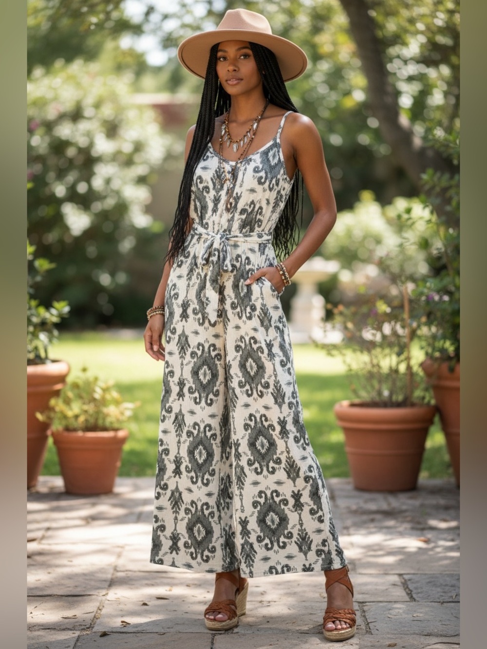 Harlow & Rose Sz M  boho Printed with Tie Waist jumpsuit in Cream and green